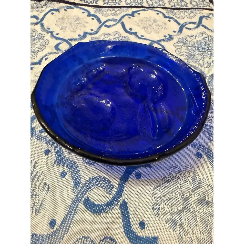 Vintage Cobalt Blue Glass Rabbit Bunny Dish Plate Pressed Glass 4.5”
